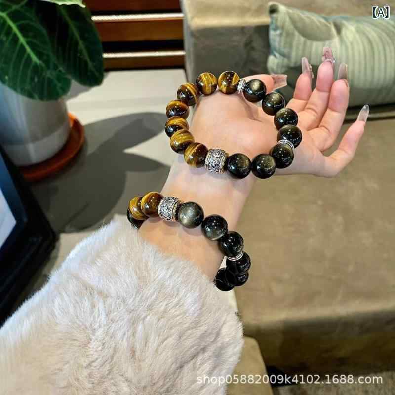 ブレスレット 男女兼用 ゴールド 虎目石 シルバーオブシディアン ハンドメイド アクセサリー