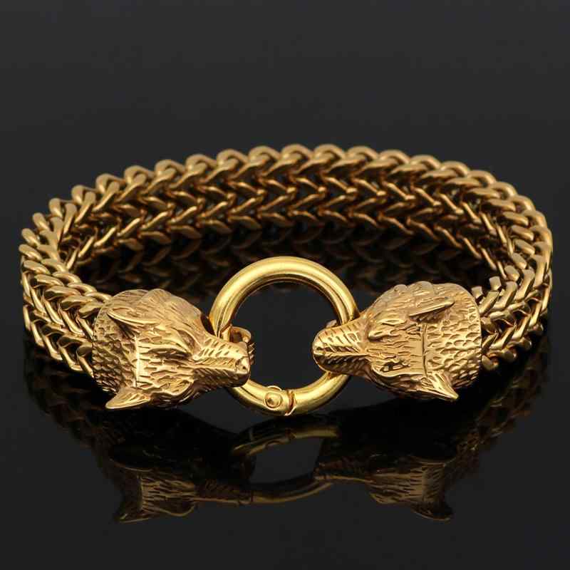 ブレスレット 男性用 オオカミ ウルフ ステンレス ヒップホップ バイキングスタイル リストバンド ブラック ゴールド アニマルモチーフ 23cm