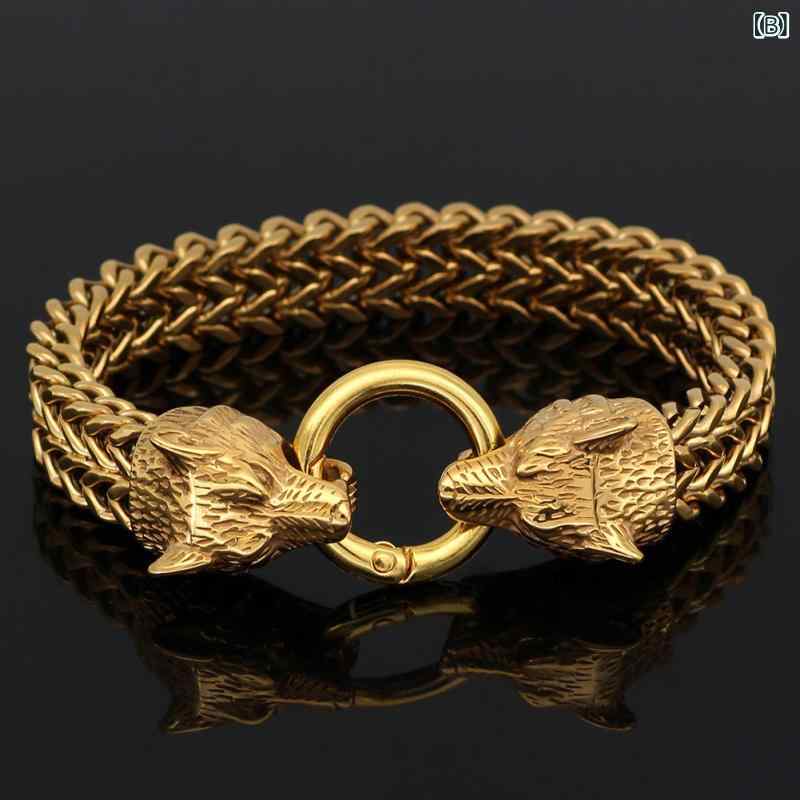 ブレスレット 男性用 オオカミ ウルフ ステンレス ヒップホップ バイキングスタイル リストバンド ブラック ゴールド アニマルモチーフ 23cm