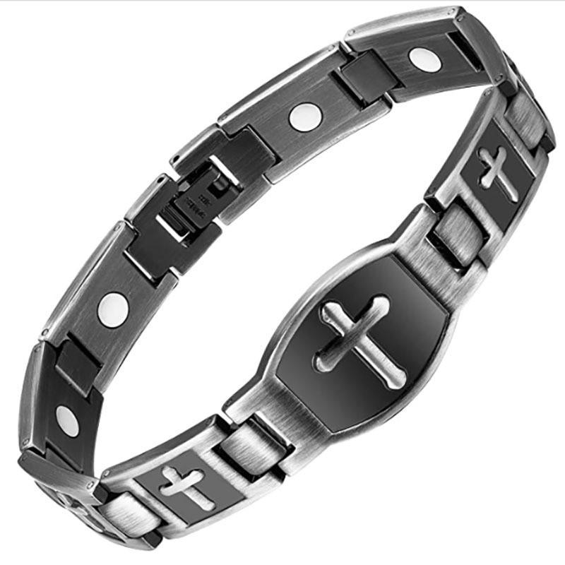楽天LINEAR shopブレスレット メンズ 男性用 チタン鋼 シルバー ブラック 十字架 クロス 強磁 磁気 腕飾り アクセサリー レトロ アンティーク 風 記念日 誕生日 ギフト（x3）