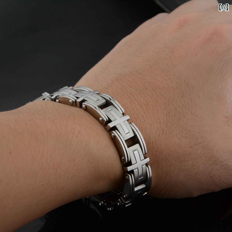 ブレスレット 男性用 チタン鋼 幾何学模様 クロス 十字架 腕飾り シルバー リンクチェーン 普段使い パーティー アクセサリー