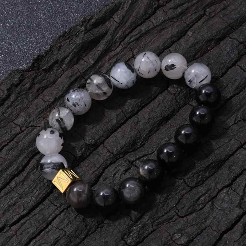 2個セットブレスレット メンズ レディース シルバー曜石 ブラックルチルクォーツ ハンドメイド 豪華 男女兼用 手飾り 通勤