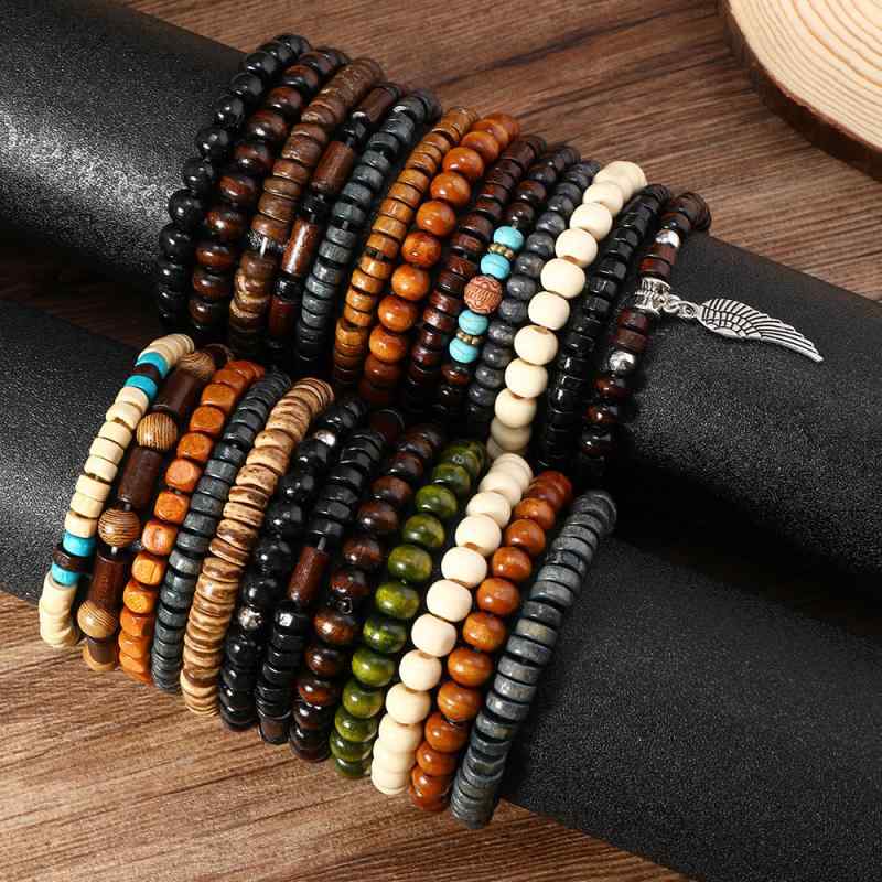 楽天LINEAR shopブレスレット メンズ 木製 ビーズ 手編み レトロ エスニック ココナッツ シェル 25点セット 男性用 男女兼用 手作り ハンドメイド