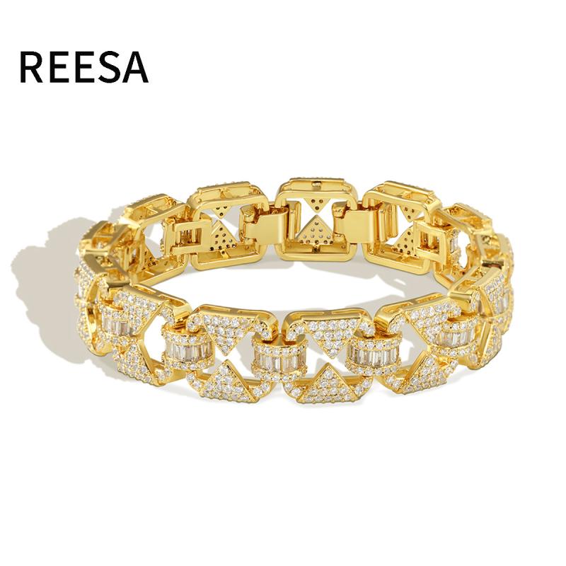 ブレスレット メンズ キューバチェーン ジルコニア ラッキーアイテム 電気メッキ加工 幾何学模様 普段使い アクセサリー ゴールドカラー