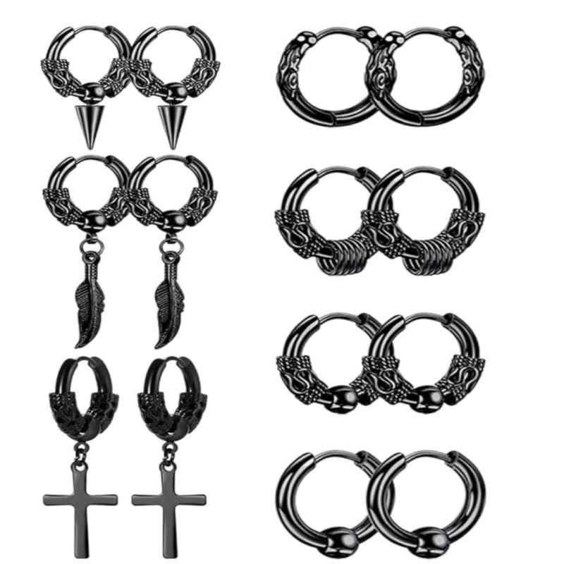 ピアス メンズ 男性用 ステンレス製 イヤーカフ セット アレルギー対応 フープピアス イヤリング ブラック シルバー 個性 幾何学模様