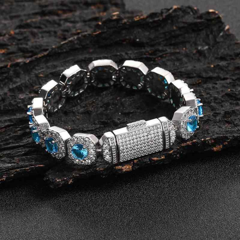 ブレスレット メンズ レディース ジルコニア 12mm ヒップホップ ラッキーアイテム ジュエリー アクセサリー 白金 海ブルー ピンク系 宝ブルー 幅広 幾何学模様