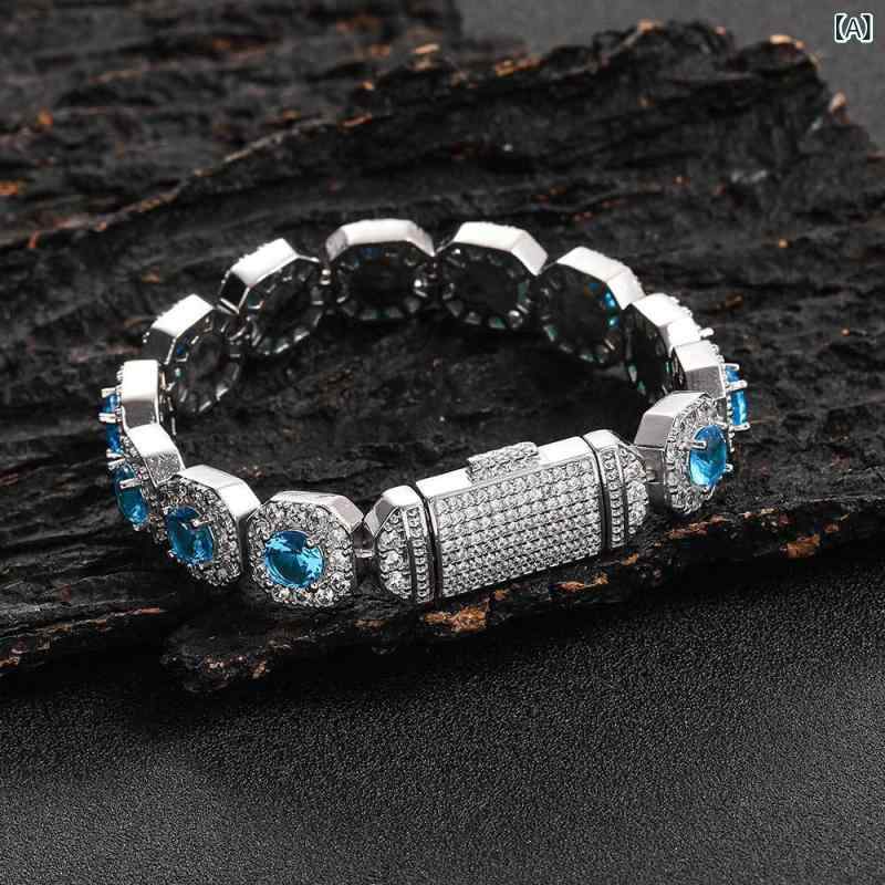 ブレスレット メンズ レディース ジルコニア 12mm ヒップホップ ラッキーアイテム ジュエリー アクセサリー 白金 海ブルー ピンク系 宝ブルー 幅広 幾何学模様