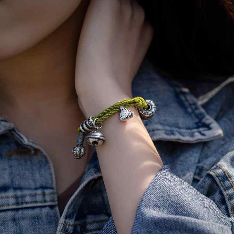 ブレスレット メンズ レディース 男女兼用 緑 手編み 鈴付き エスニック 民族風 アクセサリー お守り 普段使い DIY 電気メッキ加工(4)