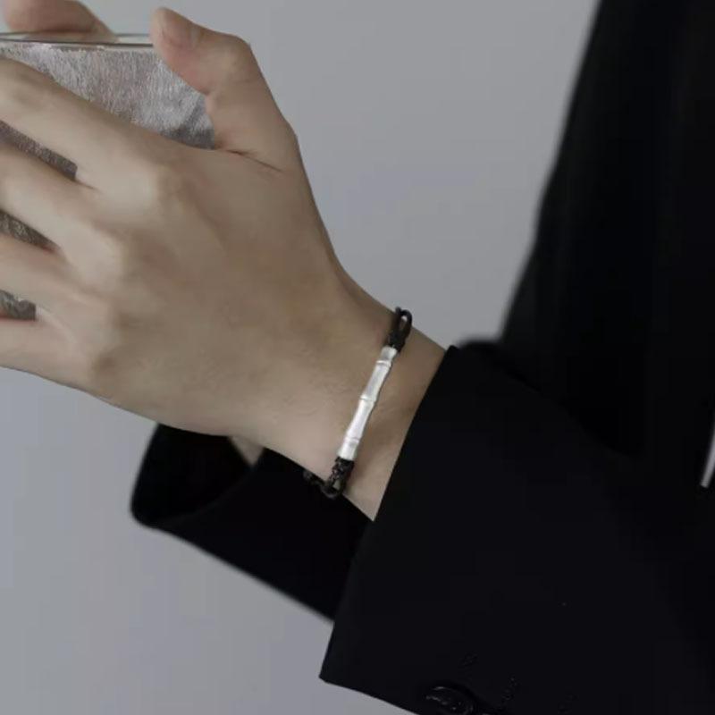 楽天LINEAR shopブレスレット メンズ 男性用 シルバー999 竹モチーフ 国潮 新中式 レトロ 手編み 幾何学模様 黒紐 赤紐 オシャレ 電気メッキ加工