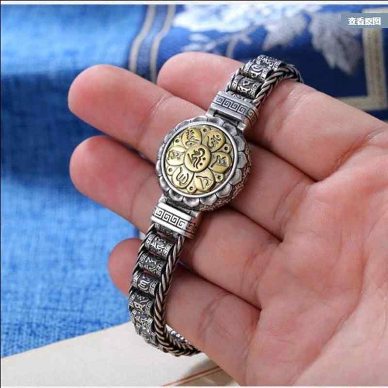 ブレスレット メンズ 男性用 潮 シルバー 925 六字真言 金剛杵 梵字 ビーズ 編み込み レトロ アンティーク 個性的 お守り