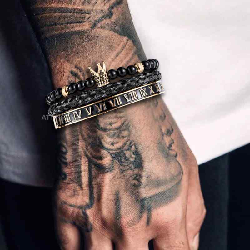 ブレスレット メンズ 男性用 冠 クラウン ジルコニア サージカルステンレス 対応 ローマ数字 バングル ..