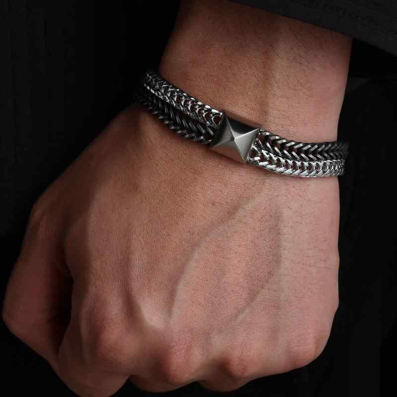 ブレスレット メンズ 男性用 幾何学模様 チタン鋼製 ブラック & ホワイト ゴールドカラー 手飾り オシャレ