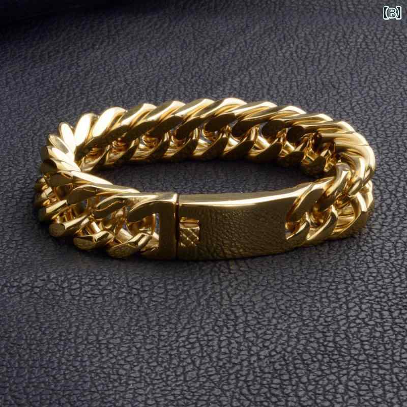 ブレスレット メンズ 男性用 チタン鋼 ステンレス 幾何学模様 15mm ダブルチェーン 研磨 電気メッキ 個性的 ストリートスタイル 幾何学