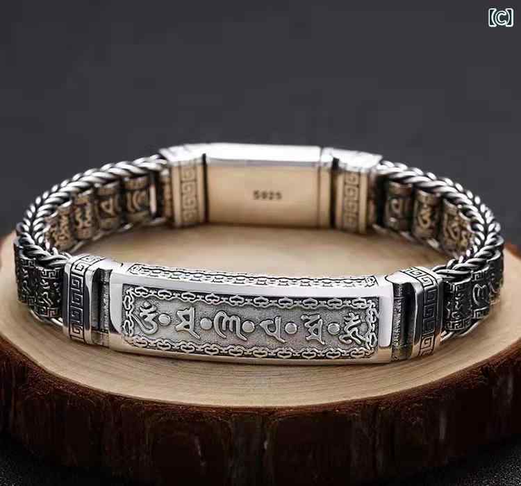 ブレスレット 男性用 S925 シルバー 民族風 六字真言 回転 経筒 手編み レトロ 回紋 銀 チェーン アクセサリー 幾何学模様