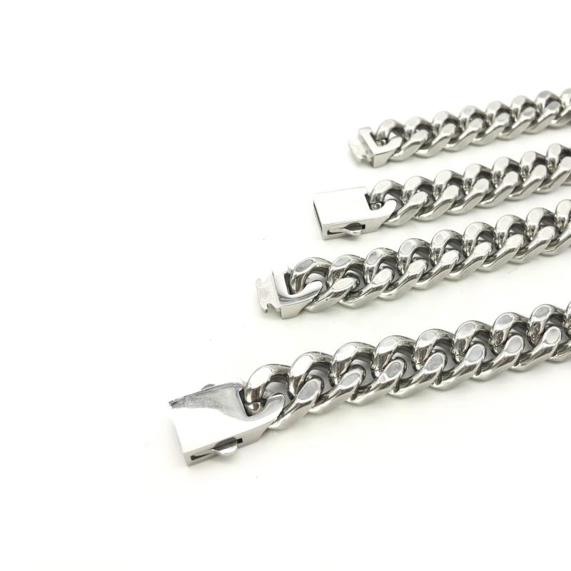 ブレスレット メンズ レディース チタン鋼 ステンレス 幾何学模様 U字型 チェーン 太め マイアミキューバンリンク 四面カット 研磨 スナップボタン マンテル シルバー スチールカラー 幅広 HIPHOP ストリート アレルギー対応