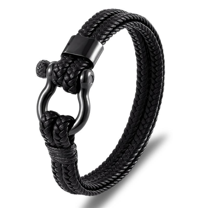 ブレスレット メンズ 男性用 革 レザー 編み込み チタン鋼 馬蹄 ステンレス 腕輪 幾何学模様 スタイリッシュ ゴールド 普段使い(x2)(4)