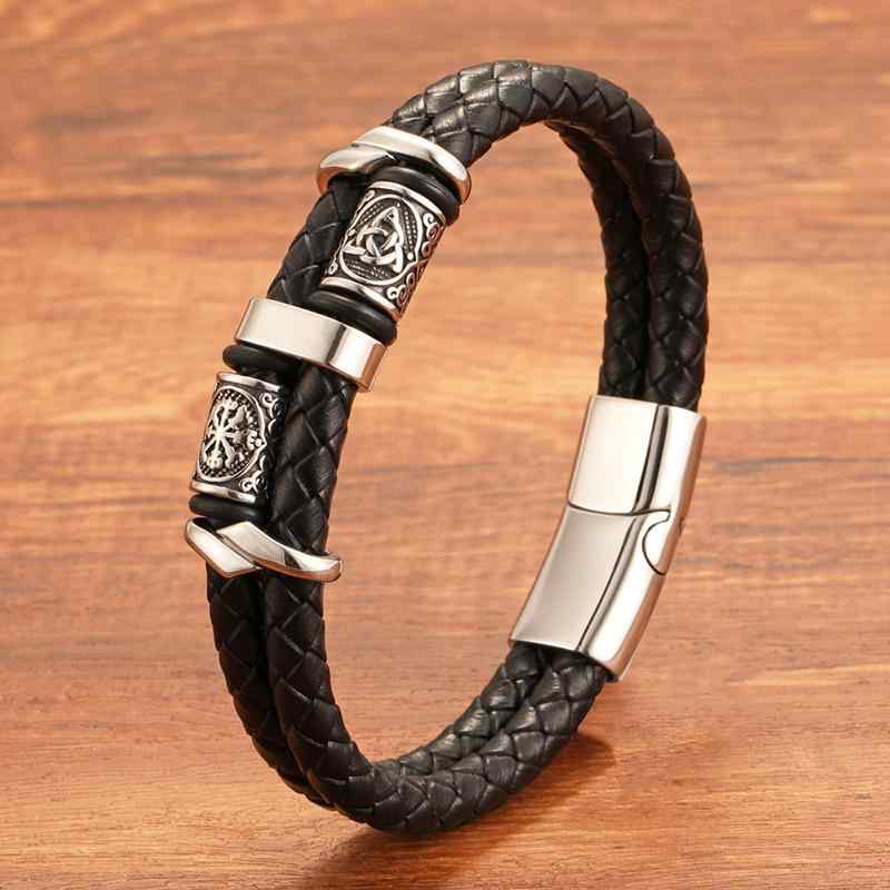 ブレスレット メンズ 男性用 ブラック レザー ステンレス 北欧 バイキング風 二重 ラッキーアイテム 普段使い 幾何学模様 個性派 朋克