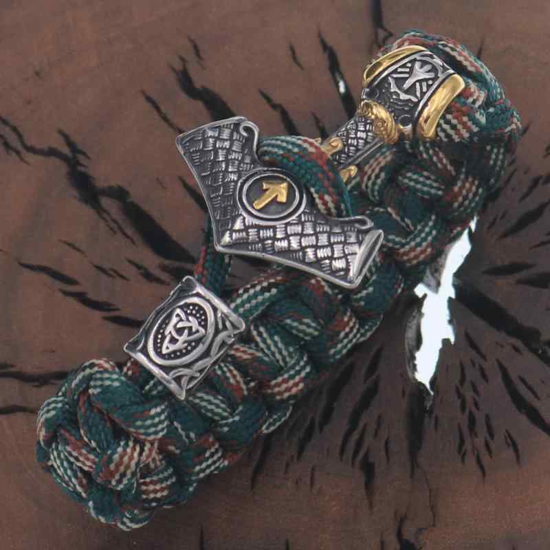 ブレスレット メンズ 男性用 迷彩柄 パラコード チタン鋼 クラウン 雷神 トールハンマー ルーン文字 手編み ステンレス スタイル 手作り ハンドメイド アクセサリー