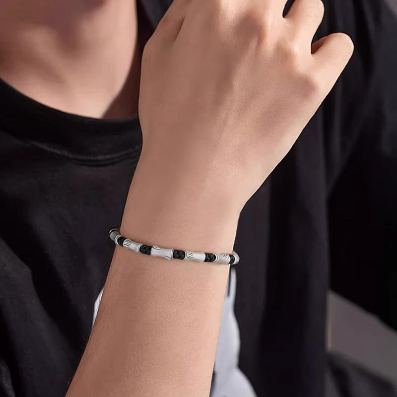 ブレスレット 男性用 925シルバー 竹モチーフ ハンドメイド 編み込み ブラック 手編み 中秋 上品 メン..