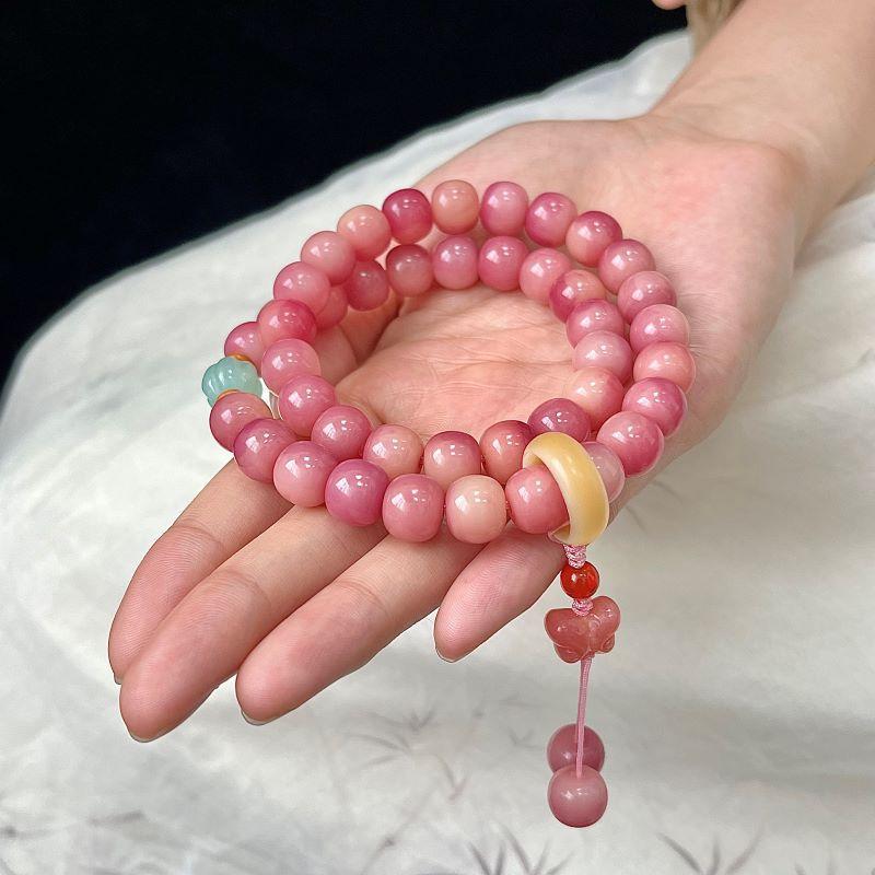 楽天LINEAR shopブレスレット 菩提 樹苺ピンク 2連 男女兼用 幾何学型 念珠 ハンドメイド アクセサリー 白桃烏龍 菩提根