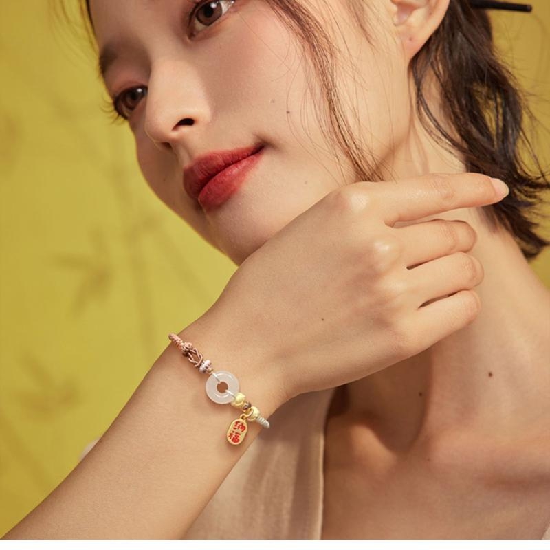 ブレスレット メンズ レディース 白瑪瑙 平安扣 国風 福牌 カップル 編み込み 黒 グレー 白 ピンク ギ..