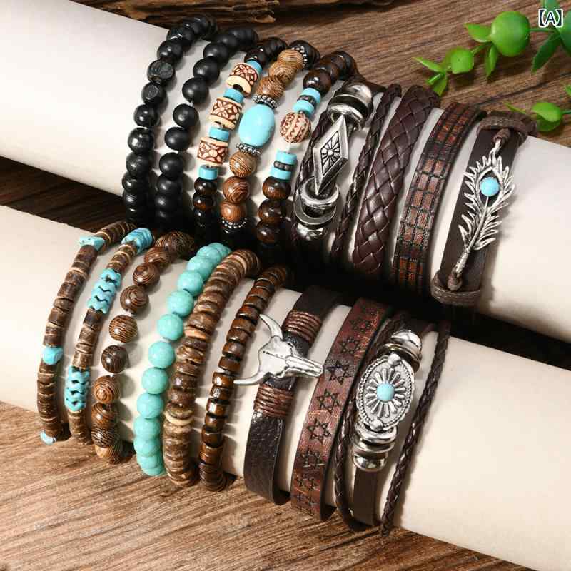 ブレスレット メンズ レザー ウッドビーズ 男性用 手作り ハンドメイド 多色 アフリカ 南米 東南アジア 北米 アジア 中東 レトロ