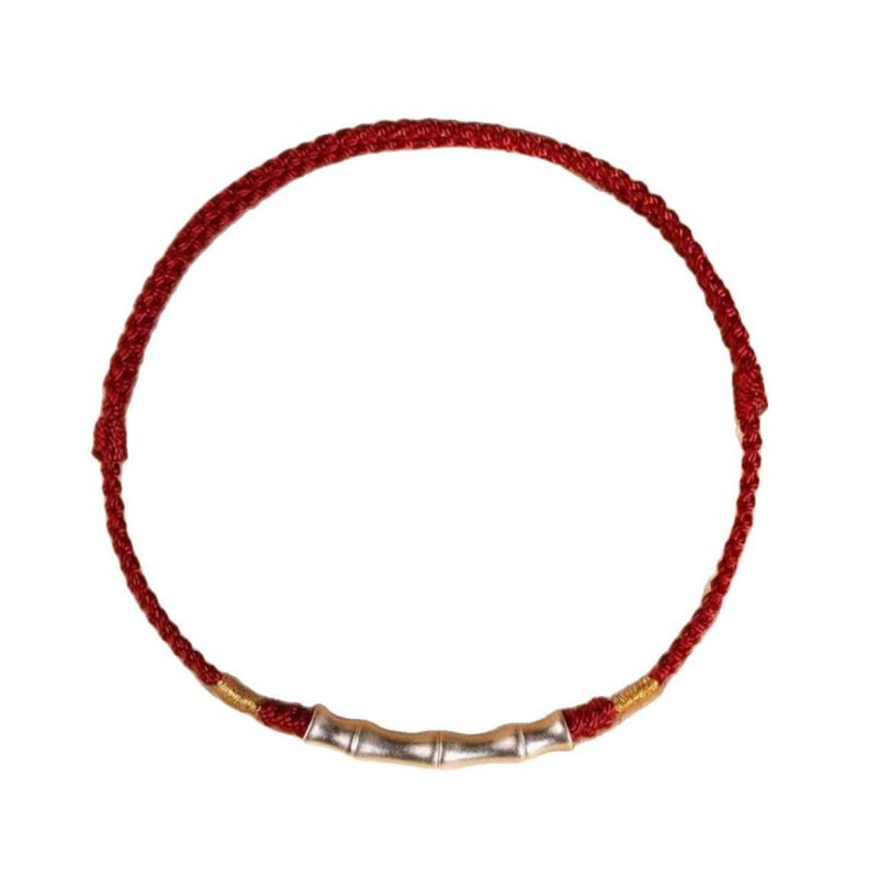 ブレスレット ペア シルバー990 竹モチーフ カップル お守り 手編み 縁起物 赤紐 酒紅色 淡緑 黒 ブレ..