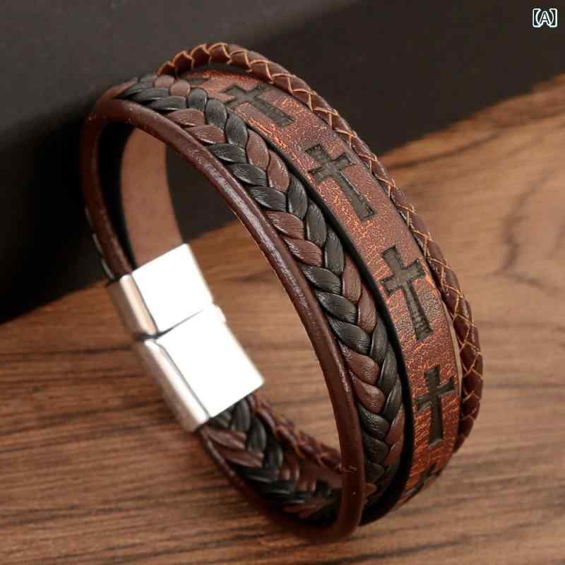 ブレスレット メンズ 男性用 レザー 手作り 合金 マグネット 磁石式 留め金 腕輪 飾り物 アクセサリー 幾何学模様 シンプル 記念品 プレゼント ギフト コーヒー色 黒 紺