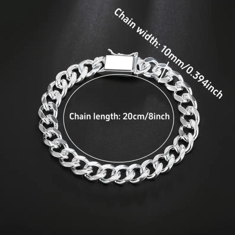 ブレスレット メンズ 男性用 シルバーメッキ 幅広 10mm キューバリンク チェーン 銀メッキ 幾何学模様 ジュエリー アクセサリー