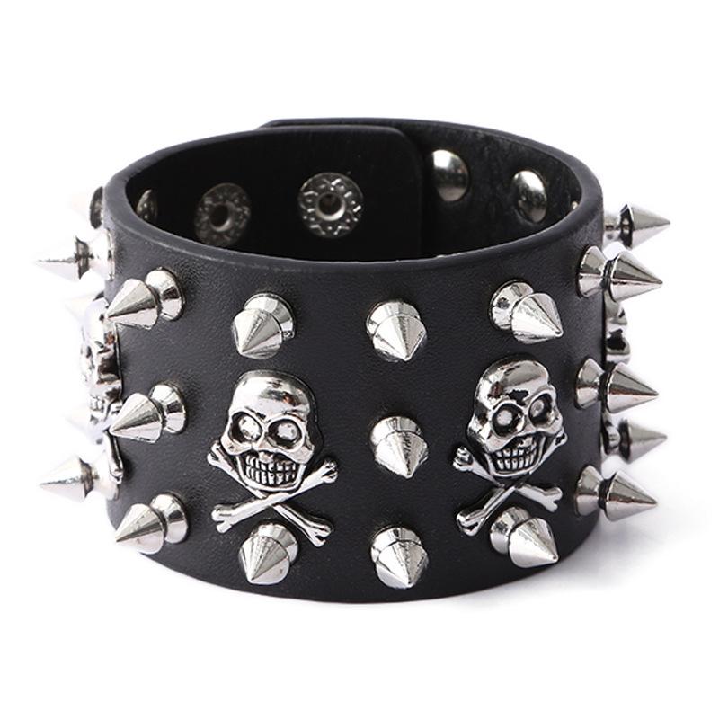 ブレスレット メンズ レザーブレスレット パンク ロック スタッズ スカル ドクロ 髑髏 ブラック 男性用 普段使い リストバンド 革 個性的