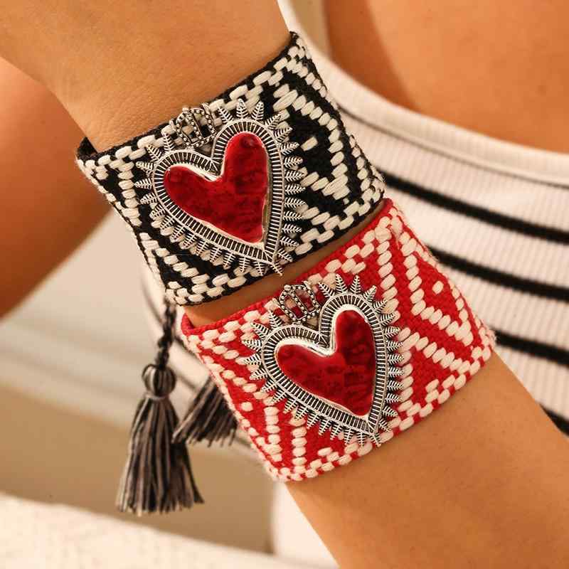 ブレスレット レディース メンズ ボヘミアン エスニック 編み込み 手編み 調節可能 ハート 羽根 赤 黒 グレー