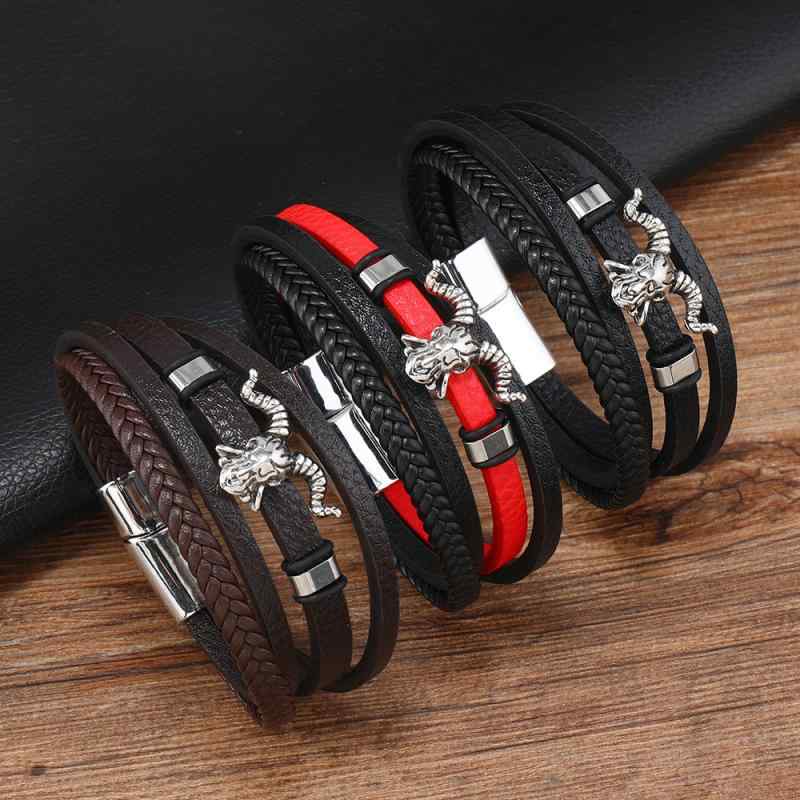 ブレスレット メンズ 男性用 レザー 手編み ハンドメイド アニマル 羊 動物 ブラック 黒 個性的 普段使い ギフト(x3)