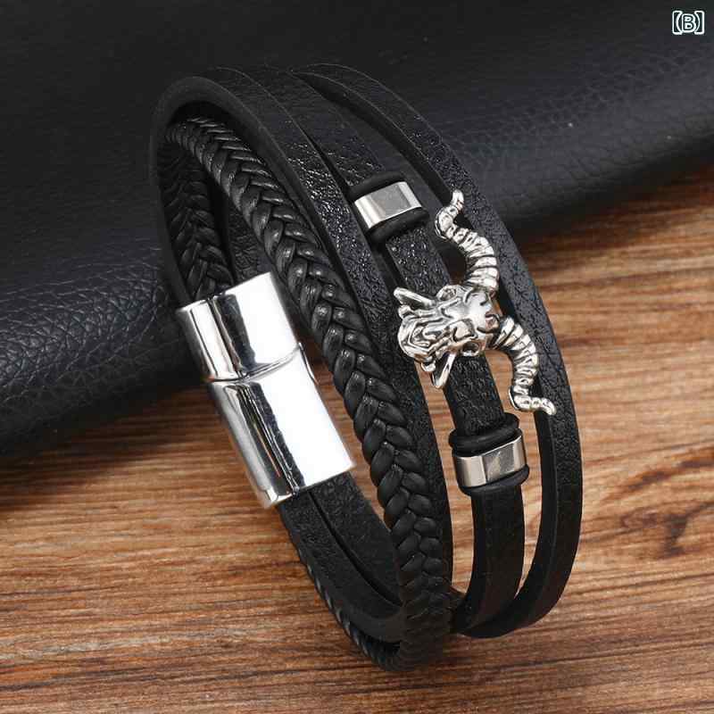 ブレスレット メンズ 男性用 レザー 手編み ハンドメイド アニマル 羊 動物 ブラック 黒 個性的 普段使い ギフト(x3)