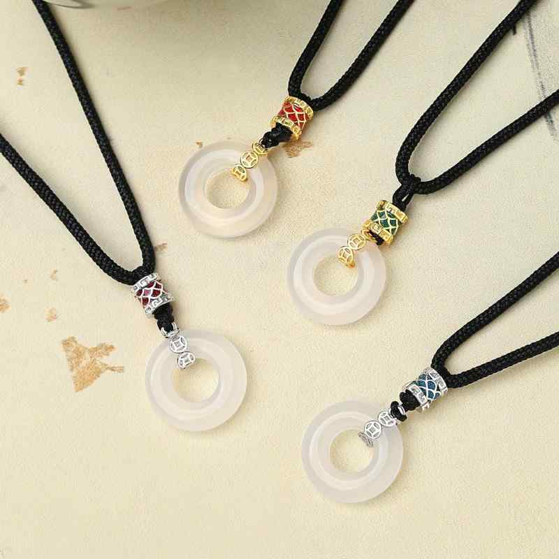 ネックレス 男女兼用 S925 シルバー 銀 龍 鱗 銅貨 コイン 玉髄 メノウ 平安扣 お守り ペンダント 黒紐 調節可能 白ゴールド ゴールド ブルー レッド ドロップペンダント(x3)