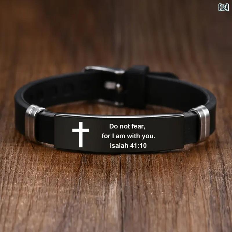 ブレスレット メンズ 男性用 チタン鋼製 電気メッキ加工 聖書 励ましの言葉 親愛の情 友情 不锈钢 シリコン製 スポーツ バングル 英字 ブラック(x2)