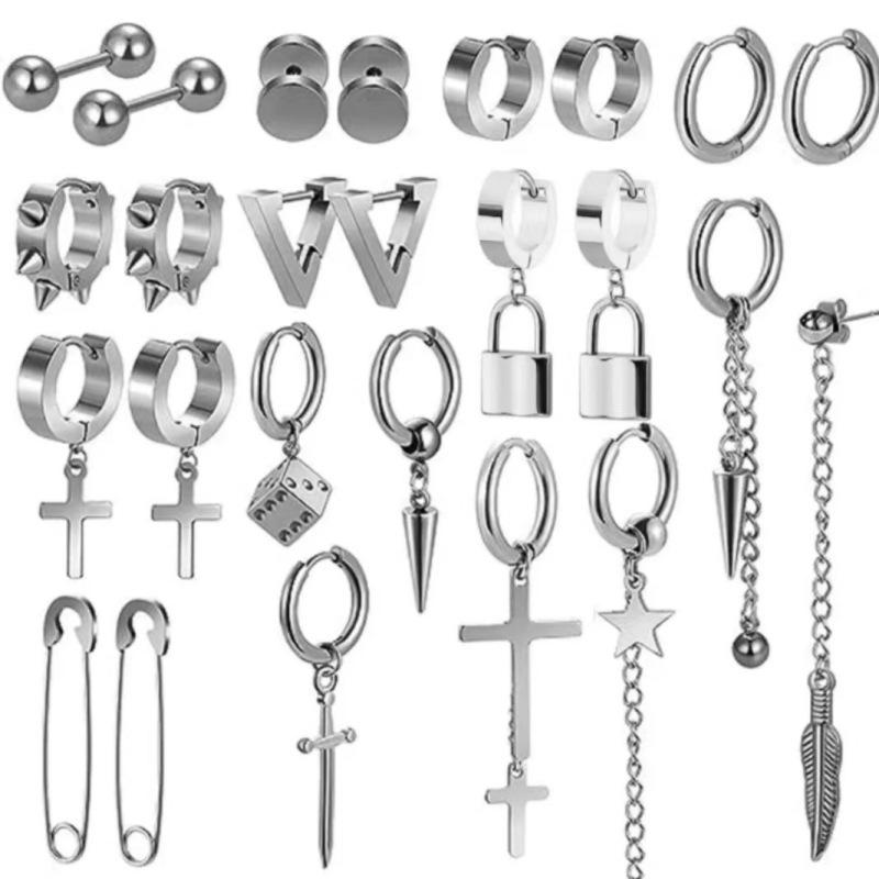 ピアス メンズ 男性用 25点セット チタン鋼 パンク ヒップホップ ロック 幾何学模様 電気メッキ加工 個性派 アフリカ 南米 東南アジア 北米 アジア 中東 スタイル1