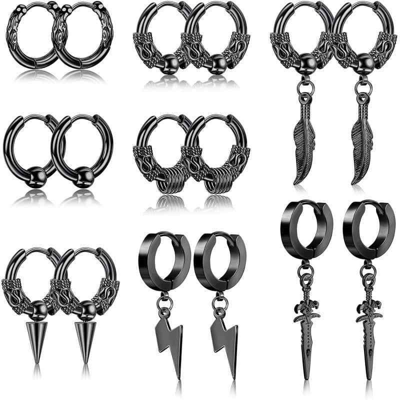 ピアス メンズ 男性用 ステンレス 鋼色 ブラック 朋克 パンク ヒップホップ レトロ ヴィンテージ 羽根 三角形 剣 流蘇 フリンジ クロス 十字架 不規則 円形