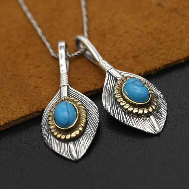 ネックレス メンズ レディース シルバー925 復古風 アンティーク調 手作り 銅 ブルー ストーン イーグル フェザー ペンダントトップ