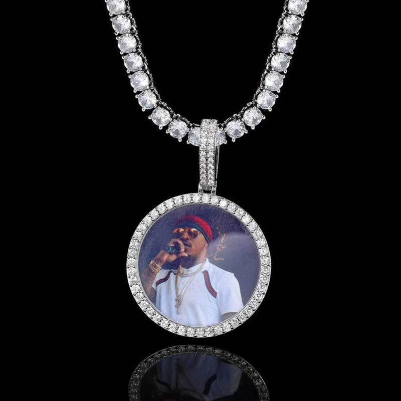 ネックレス メンズ 男性用 ジルコニア ラウンド フォト ペンダント 記念 写真フレーム ヒップホップ 麻の葉チェーン ゴールドカラー