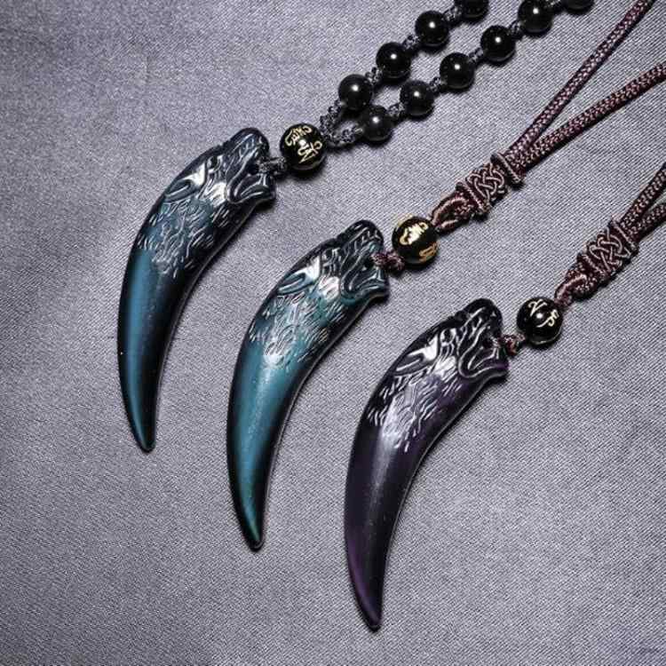 ネックレス メンズ レディース 黒曜石 オオカミ 狼 牙 ペンダント お守り 民族風 アクセサリー チョーカー ユニセックス ジェンダーレス 男女兼用 普段使い パーティー