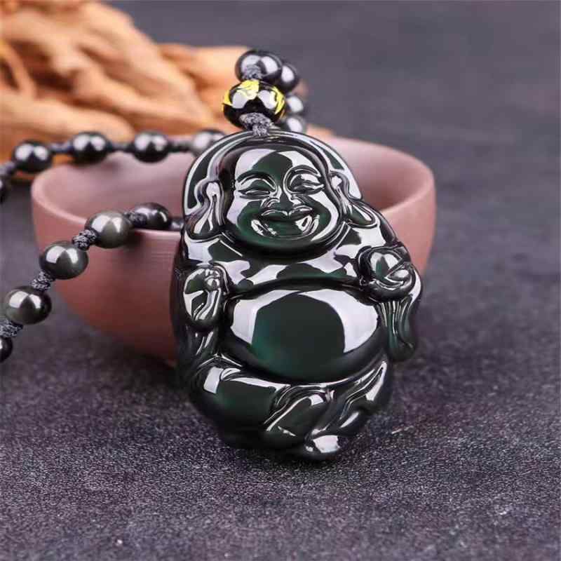 ネックレス レディース メンズ 石 黒曜石 弥勒菩薩 ペンダント チョーカー 彩虹眼 パワーストーン 開運 お守り