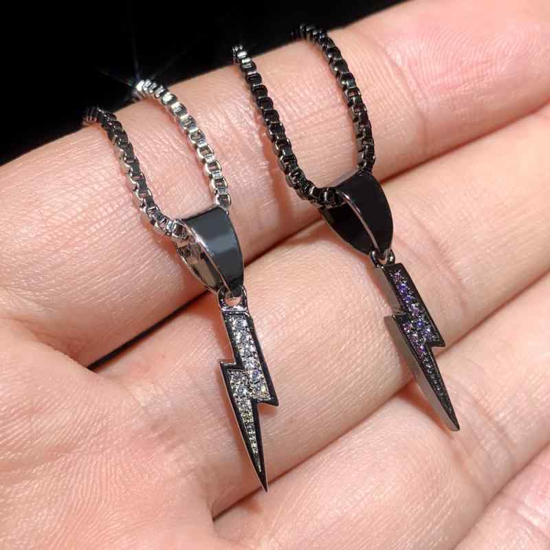 ネックレス メンズ 힙합 スタイル ジルコニア 稲妻 ペンダント シルバーカラー ブラック ゴールド パープル ストーン チェーン 長さ50cm 男性用 個性 アクセサリー