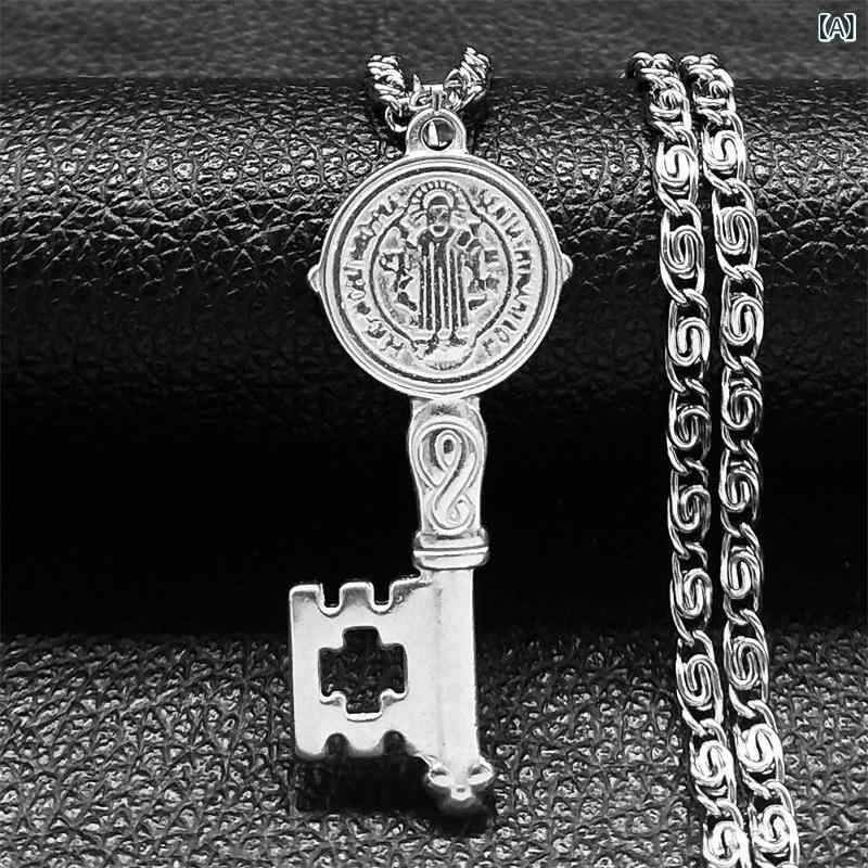 ネックレス メンズ レディース 聖ベネディクトゥス メダイ ペンダント チタン製 スチールカラー ゴールドカラー 50cm 幾何学模様 アクセサリー スタイリッシュ HIPHOP
