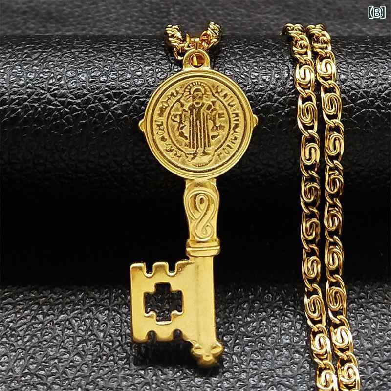 ネックレス メンズ レディース 聖ベネディクトゥス メダイ ペンダント チタン製 スチールカラー ゴールドカラー 50cm 幾何学模様 アクセサリー スタイリッシュ HIPHOP