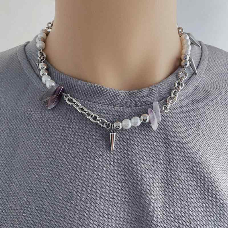 ネックレス メンズ レディース ユニセックス チタン鋼 パール ストーン リベット 鎖骨 電気メッキ加工 豪華 普段使い(4)