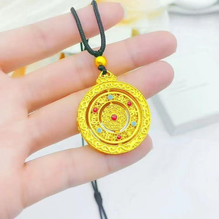 ネックレス レディース メンズ 回転 八宝羅針盤 ペンダント 銅製 金メッキ エスニック アジアン レトロ お守り 開運 縁起物 アクセサリー ブラック ブラウン