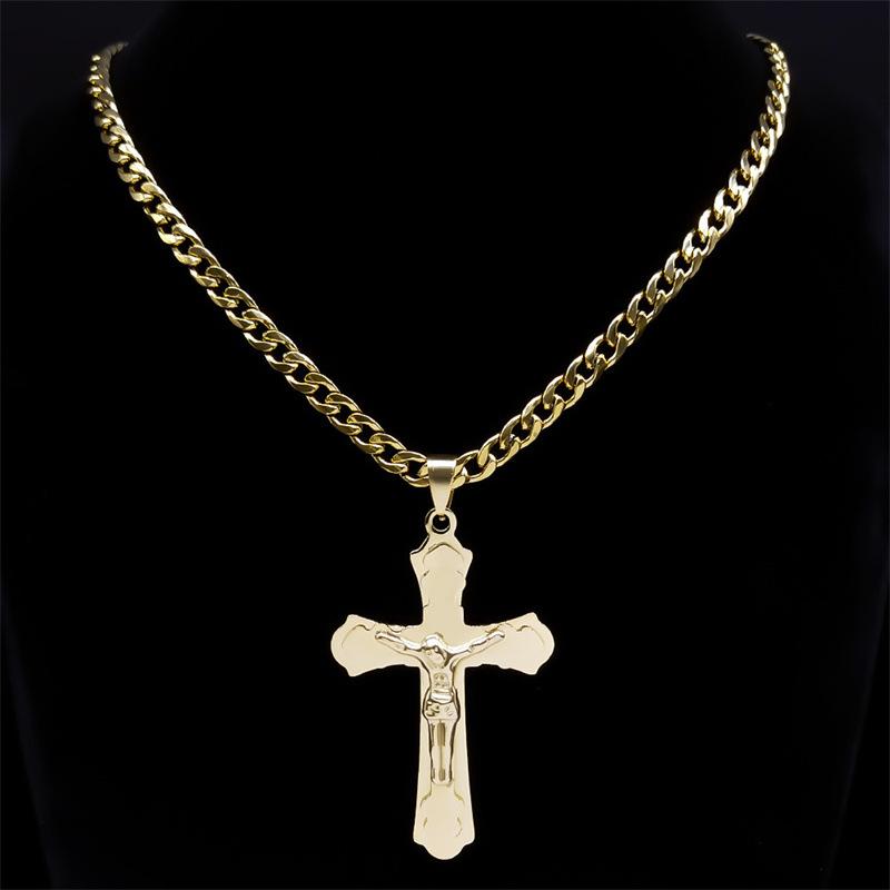 ネックレス メンズ 男性用 チタン鋼 ゴールド 十字架 クロス ペンダント 幾何学 風 パンク ジュエリー ..