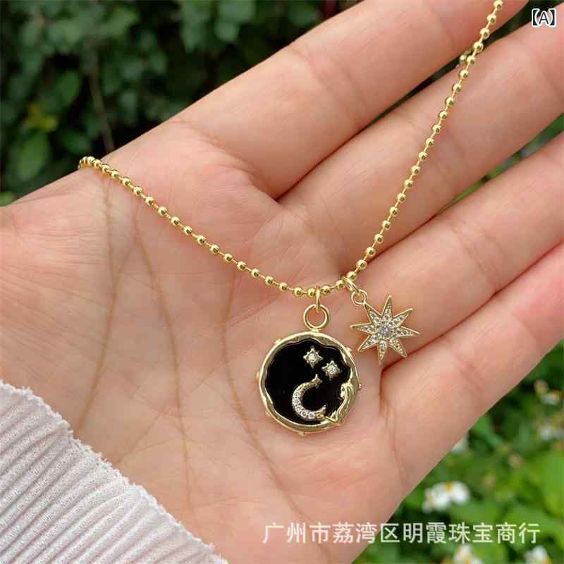 ネックレス メンズ レディース 18K 電気メッキ加工 銅製 月 星 ジルコニア 組み合わせ ペンダント アレルギー対応 デザイン かわいい おしゃれ