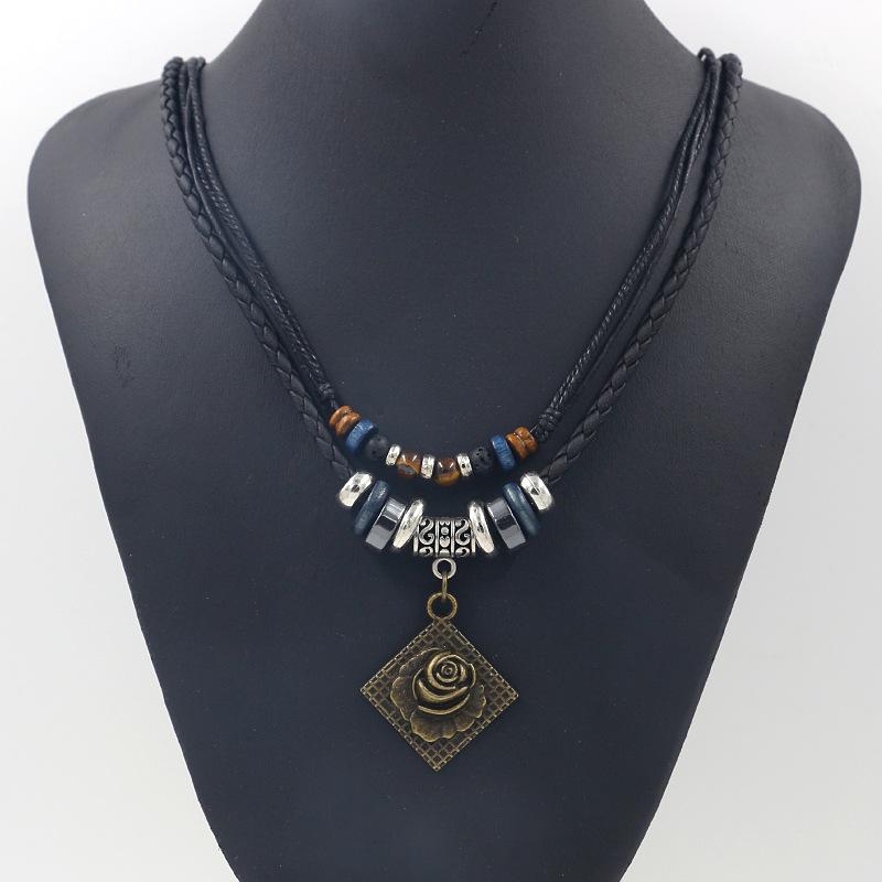 ネックレス メンズ レディース 木製 ビーズ ペンダント 菱形 花柄 幾何学模様 アンティーク チョーカー アレルギー対応 ユニセックス アクセサリー ギフト(x3)