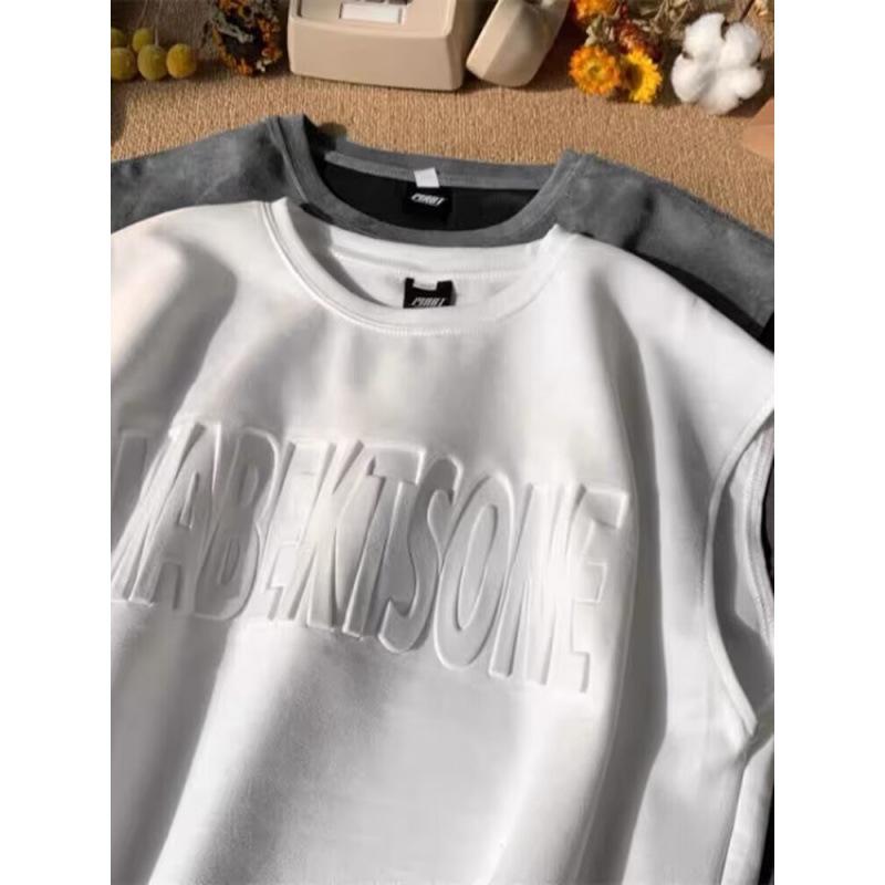 Jumper, Blouson - タンクトップ メンズ スウェード調 ベスト 夏 Tシャツ ノースリーブ プリント ゆったり トップス ブラック グレー ホワイト